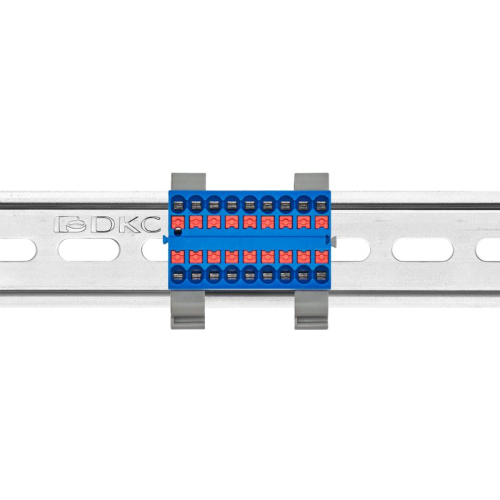 Блок распределительный с горизонт. адаптером на рейку шир. 35мм зажим push-in 18 точек подключения 2.5кв.мм син. DKC DTP1-018-04SPUB-H