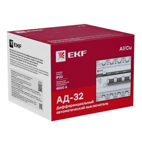 Выключатель автоматический дифференциального тока 4п (3P+N) C 16А 100мА тип AC 4.5кА АД-32 защита 270В электрон. PROxima EKF DA32-16-100-4P-pro