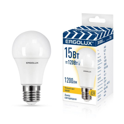 Лампа светодиодная LED-A60-15W-E27-3K 15Вт грушевидная 3000К тепл. бел. E27 220-240В ЛОН ПРОМО Ergolux 14308