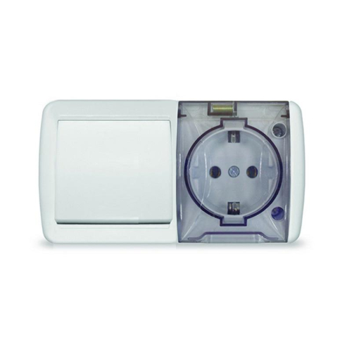 Блок ОП Клио 1-кл. выкл. 10А + розетка 1-м 16А 250В с заземл. с прозр. крышкой бел. Universal К2237
