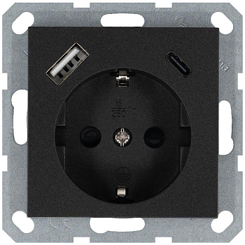 Розетка Shuko 16А с заземл. защ. шторки с 2-мя заряд. устройствами USB тип A+C 25Вт механизм антрацит Jasmart G5501USB-25B