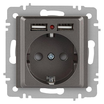 Розетка 1-м СП Accent 6-410-09 16А IP20 250В P+E Schuko + 2хUSB защ. шторки титан Intro Б0063711