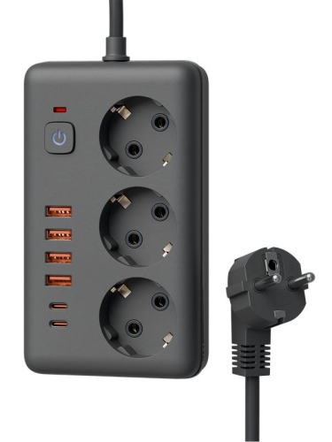 Удлинитель с сетевым фильтром 3х1.5м 10А 4USB + 2USBC 2500Вт ПВС 3х1 прямоуг. черн. КОСМОС FKsm1.5m-3gPF(B)USB