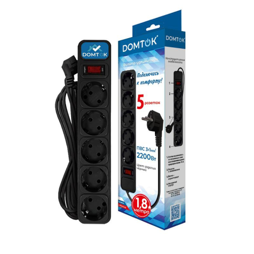 Удлинитель с сетевым фильтром 5х1.8м с заземл 10А IP20 2.2кВт ПВС 3х1 с выкл. черн. DOMTOK 2537