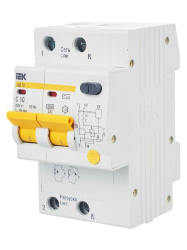 Выключатель автоматический дифференциального тока 2п C 10А 10мА тип AC 4.5кА АД-12 KARAT IEK MAD10-2-010-C-010