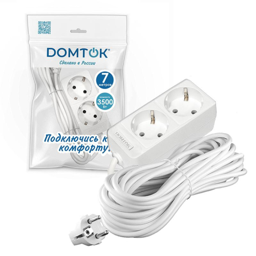 Удлинитель 2х7м с заземл. 16А IP20 3.5кВт ПВС 3х1 бел. DOMTOK 2388