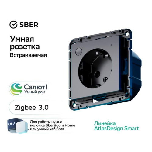 Розетка AtlasDesign Smart 16А L+N с заземл. защ. шторки Zigbee механизм карбон SE ATN001045Z