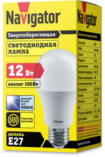 Лампа светодиодная 61 238 NLL-A60-12-230-6.5K-E27 12Вт грушевидная матовая 6500К холод. бел. E27 1020лм 176-264В Navigator 61238