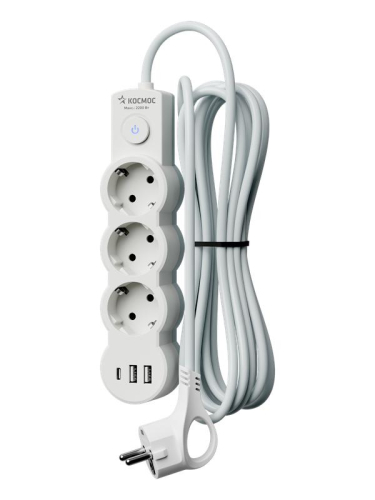 Удлинитель 3х5м с заземл. 10А IP20 USB 2800Вт 220В ПВС 3х1 с выкл. бел. КОСМОС YKsm5m3g-Z-VU10А-W