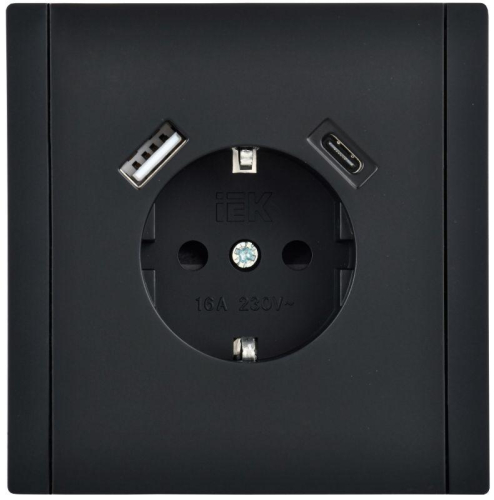 Розетка FORTE&PIANO FP147 16А USB A+C 18Вт с заземл. защ. шторки винт. крепл. черн. IEK FP-R14-16-U22-018-K02