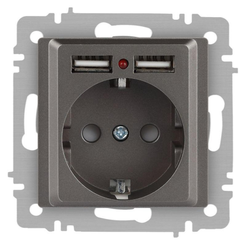 Розетка 1-м СП Accent 6-410-09 16А IP20 250В P+E Schuko + 2хUSB защ. шторки титан Intro Б0063711