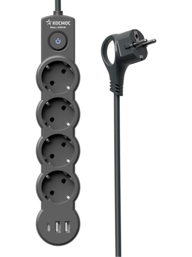 Удлинитель 4х3м с заземл. 10А IP20 USB type-Aх2 + type-C 2500Вт 220В ПВС 3х1 с выкл. черн. КОСМОС YKsm3m4g-Z-VU10А-B