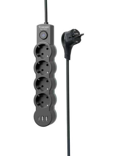 Удлинитель 4х1.5м с заземл. 10А IP20 2хUSB-А + 1хUSB-C 2500Вт 220В ПВС 3х1 с выкл. черн. КОСМОС YKsm1.5m4g-Z-VU10А-B