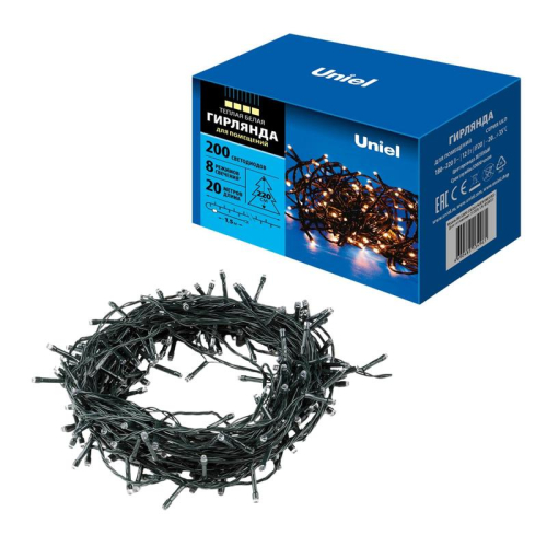 Гирлянда LED ULD-S2000-200/DGA WARM WHITE IP20 20м 200 диодов тепл. бел. свет провод зел. Uniel UL-00007308