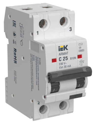 Выключатель автоматический дифференциального тока B10N 2P C25 30мА тип AC ARMAT IEK AR-B10N-2-C025C030