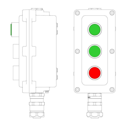 Пост управления взрывонепроницаемый из алюминия LCSD-03-B-MB-L1G(220)x1-P1G(11)x1-P1R(11)x1-PBMB-KAEPM2MHK-20 DKC LCSD21000127