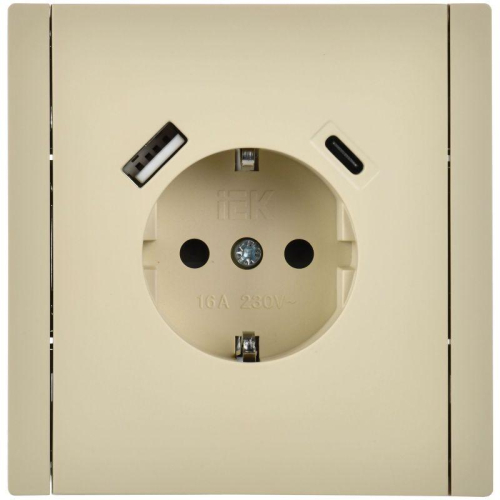 Розетка FORTE&PIANO FP447 16А USB A+C 18Вт с заземл. защ. шторки винт. крепл. ваниль IEK FP-R14-16-U22-018-K10