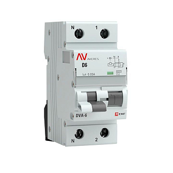 Выключатель автоматический дифференциального тока 2п (1P+N) D 6А 30мА тип AC 6кА DVA-6 Averes EKF rcbo6-1pn-6D-30-ac-av