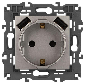 Розетка Elegance 14-4109-16 16A 250В 2P+E защ. штор. с 2xUSB 3А 5В титан Эра Б0065775