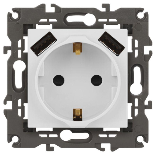 Розетка Elegance 14-4109-01М 16A 250В 2P+E защ. штор. с 2xUSB 3А 5В матов. бел. Эра Б0065773