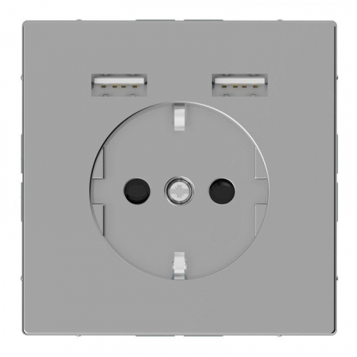 Розетка 3-м СП Merten D-Life 16А IP20 Schuko с 2-мя заряд. устройствами USB 2.4А нерж. сталь SchE MTN2366-6036