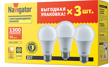 Лампа светодиодная 95 318 NLL-A60-13-230-2.7K-E27-PACK3 NAVIGATOR 95318