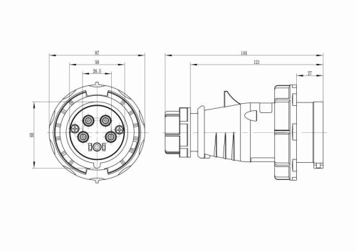 Вилка кабельная CP IP67 16А 3P+E+N 400В с фазоинвертером DKC CP656-016-40-RP