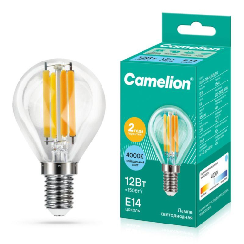 Лампа светодиодная филаментная LED12-G45-FL/845/E14 12Вт шар прозрачная 4500К бел. E14 220В Camelion 13713