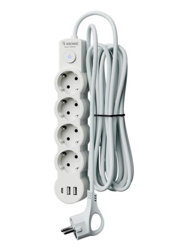 Удлинитель 4х1.5м с заземл. 10А IP20 USB type-Aх2 + type-C 2500Вт 220В ПВС 3х1 с выкл. бел. КОСМОС YKsm1.5m4g-Z-VU10А-W