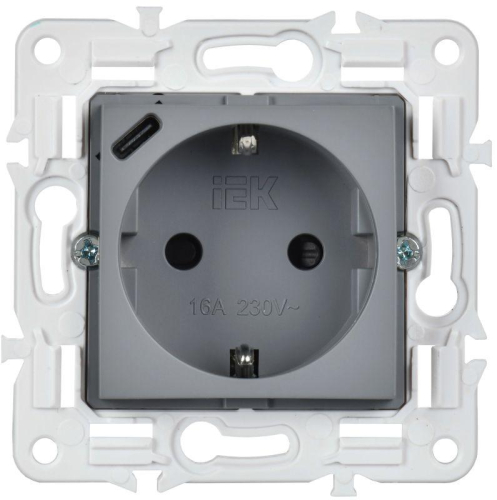Розетка SKANDY 18Вт 16А с заземл. защ. шторки с USB C SK-R17Gr сер. IEK SK-R14-16-U14-018-K03