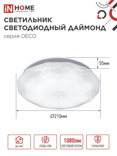 Светильник светодиодный DECO ДАЙМОНД 12Вт 6500К 1080лм 230В 210х55мм IN HOME 4690612033617
