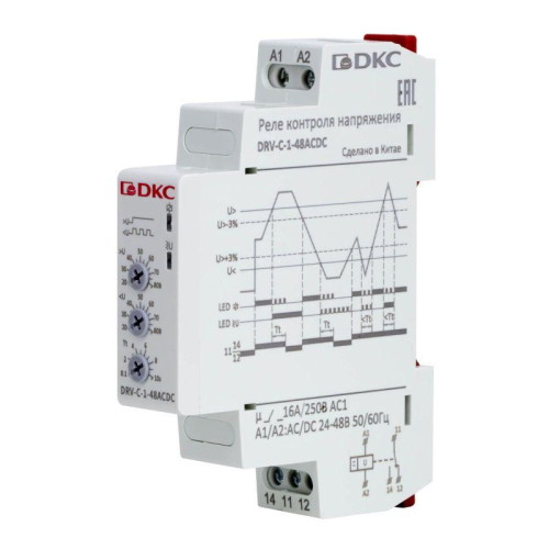 Реле контроля напряжения 1ф DRV конфигурация контакта 1CO 24-48В AC/DC DKC DRV-C-1-48ACDC