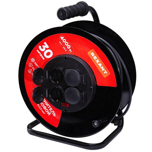 Удлинитель на метал. катушке 4х30м с заземл. IP44 КГ 3х2.5кв.мм с выключателем с защ. крышками Rexant 13-5014