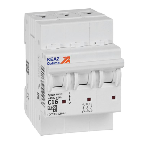 Выключатель автоматический модульный 3п C 16А OptiDin BM63-3C16-4.5-УХЛ3 КЭАЗ 326812