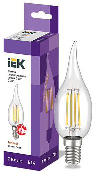 Лампа светодиодная филаментная 360° 7Вт CB35 свеча на ветру 3000К E14 230В IEK LLF-CB35-7-230-30-E14-CL