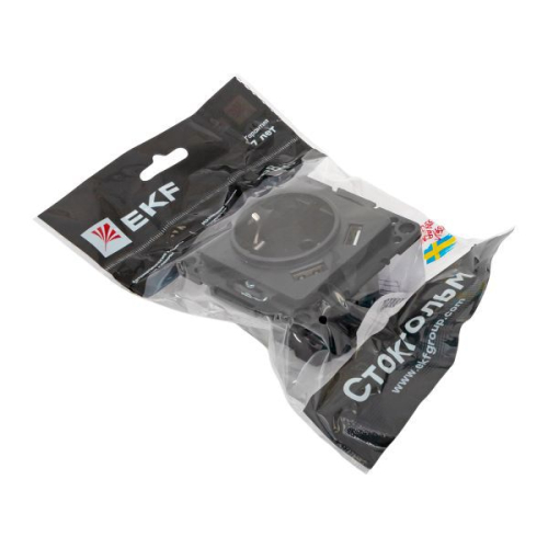 Розетка 1-м СП Стокгольм 16А USB 2A с заземл. защ. шторки винтов. клеммы механизм черн. EKF EZR16-2USB-typeA