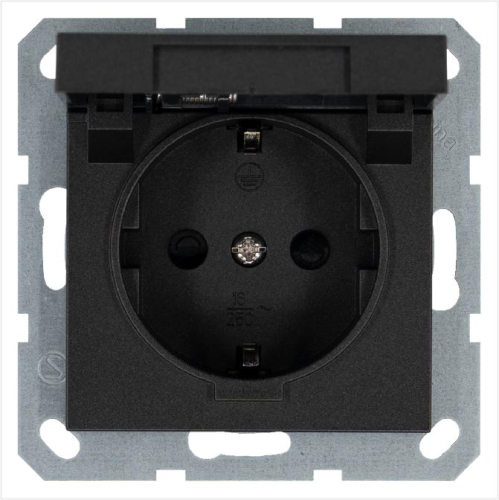 Розетка 1-м Shuko 16А IP20 с заземл. защ. шторки с крышкой механизм антрацит Jasmart G5505B