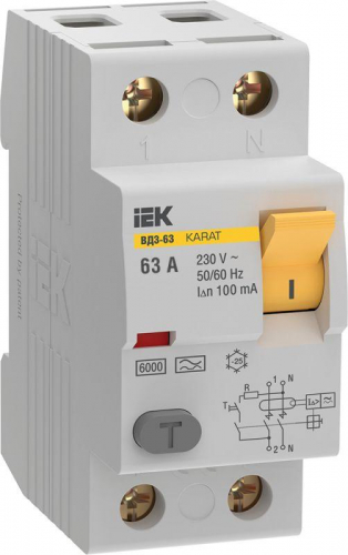 Выключатель дифференциального тока (УЗО) 2п 63А 100мА 6кА тип A ВД3-63 KARAT IEK MDV21-2-063-100
