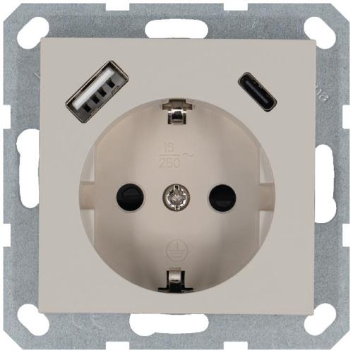 Розетка Shuko 16А с заземл. защ. шторки с 2-мя заряд. устройствами USB тип A+C 25Вт механизм тауп Jasmart G5501USB-25T