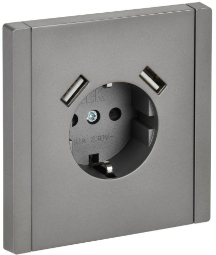 Розетка FORTE&PIANO FP545 16А USB A+A 3.1А с заземл. защ. шторки винт. крепл. сталь IEK FP-R14-16-U21-D31-K46