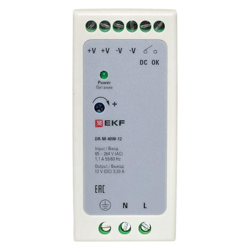 Блок питания на DIN-рейку 40Вт Uвх ~ 220В AC m Uвых - 12В DC постоянного тока EKF DR-M-40W-12