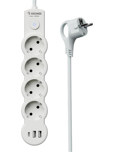 Удлинитель 4х5м с заземл. 10А IP20 USB type-Aх2 + type-C 2500Вт 220В ПВС 3х1 с выкл. бел. КОСМОС YKsm5m4g-Z-VU10А-W