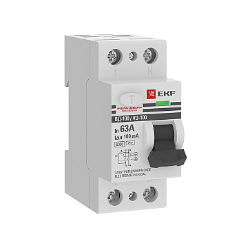 Выключатель дифференциального тока (УЗО) 2п 63А 100мА тип AC 6кА ВД-100 электромех. PROxima EKF elcb-2-6-63-100-em-pro