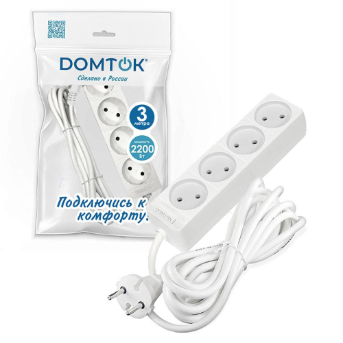 Удлинитель 4х3м без заземл. 10А IP20 2.2кВт ПВС 2х1 бел. DOMTOK 2356