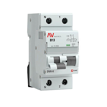 Выключатель автоматический дифференциального тока 2п (1P+N) B 13А 30мА тип AC 6кА DVA-6 Averes EKF rcbo6-1pn-13B-30-ac-av