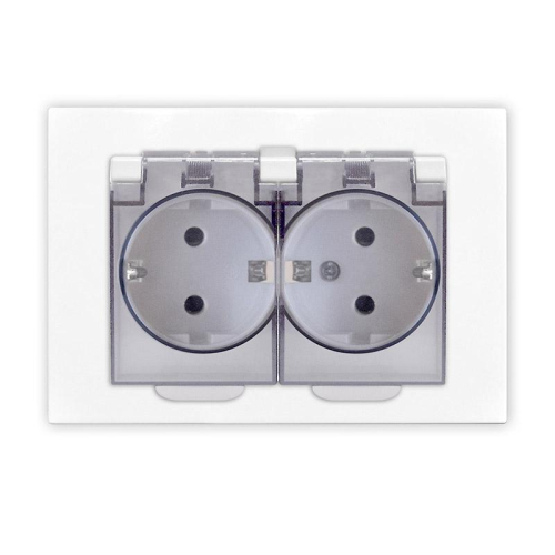 Розетка 2-м СП Афина 16А IP20 с заземл. c прозр. крышкой в сборе бел. Universal A0031