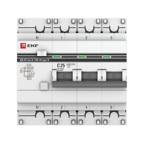 Выключатель автоматический дифференциального тока 4п (3P+N) 25А 10мА тип A АД-32 PROxima EKF DA32-25-10-4P-a-pro