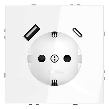 Розетка 1-м СП S70 16А с USB тип A+С механизм с заземл. защ. шторки бел. глянцевый Voltum VLS040501