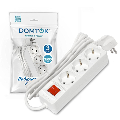 Удлинитель 3х3м с заземл. 16А IP20 3.5кВт ПВС 3х1 с выкл. бел. DOMTOK 2381