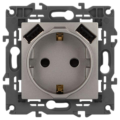 Розетка Elegance 14-4109-16 16A 250В 2P+E защ. штор. с 2xUSB 3А 5В титан Эра Б0065775